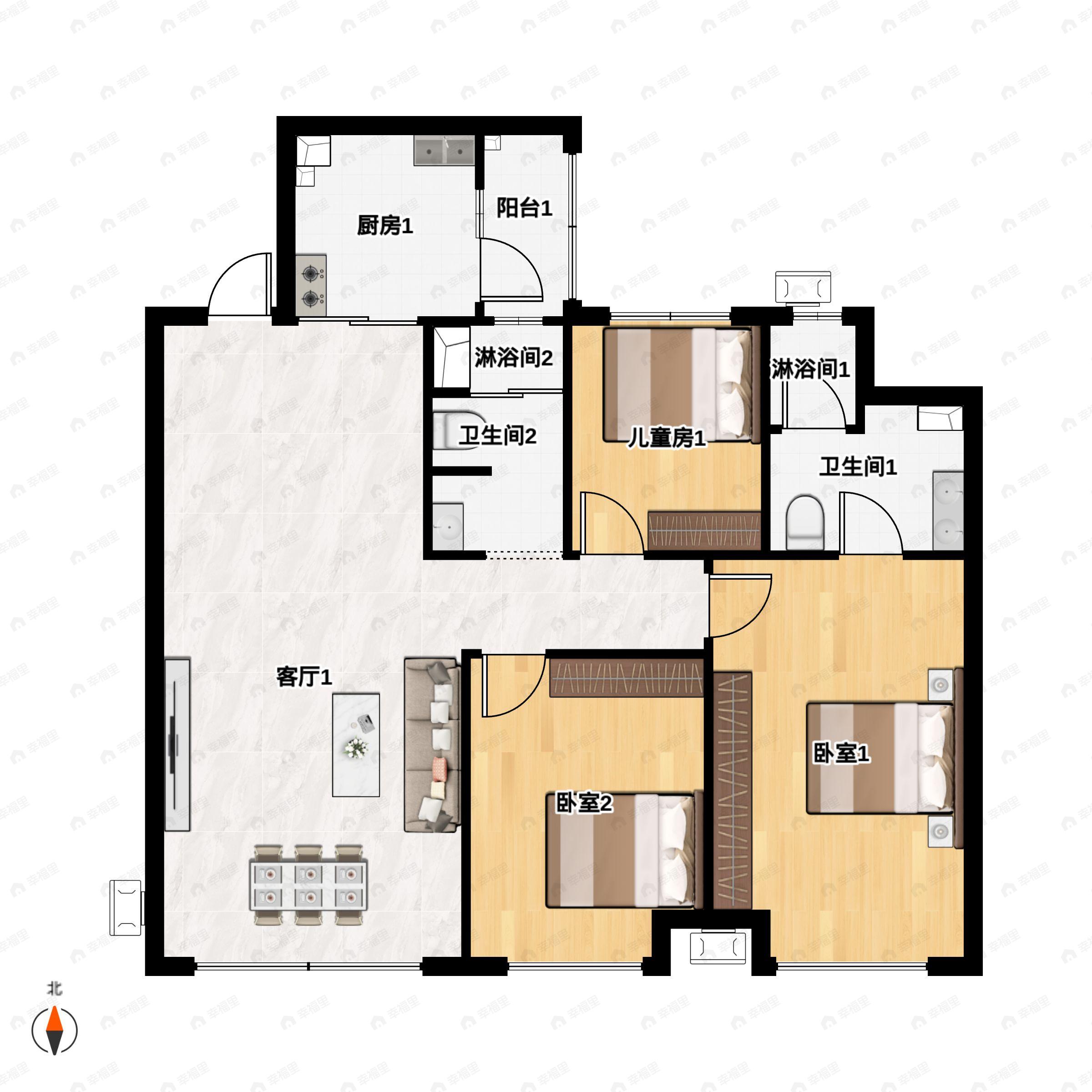 3室2厅2卫建面106平户型图