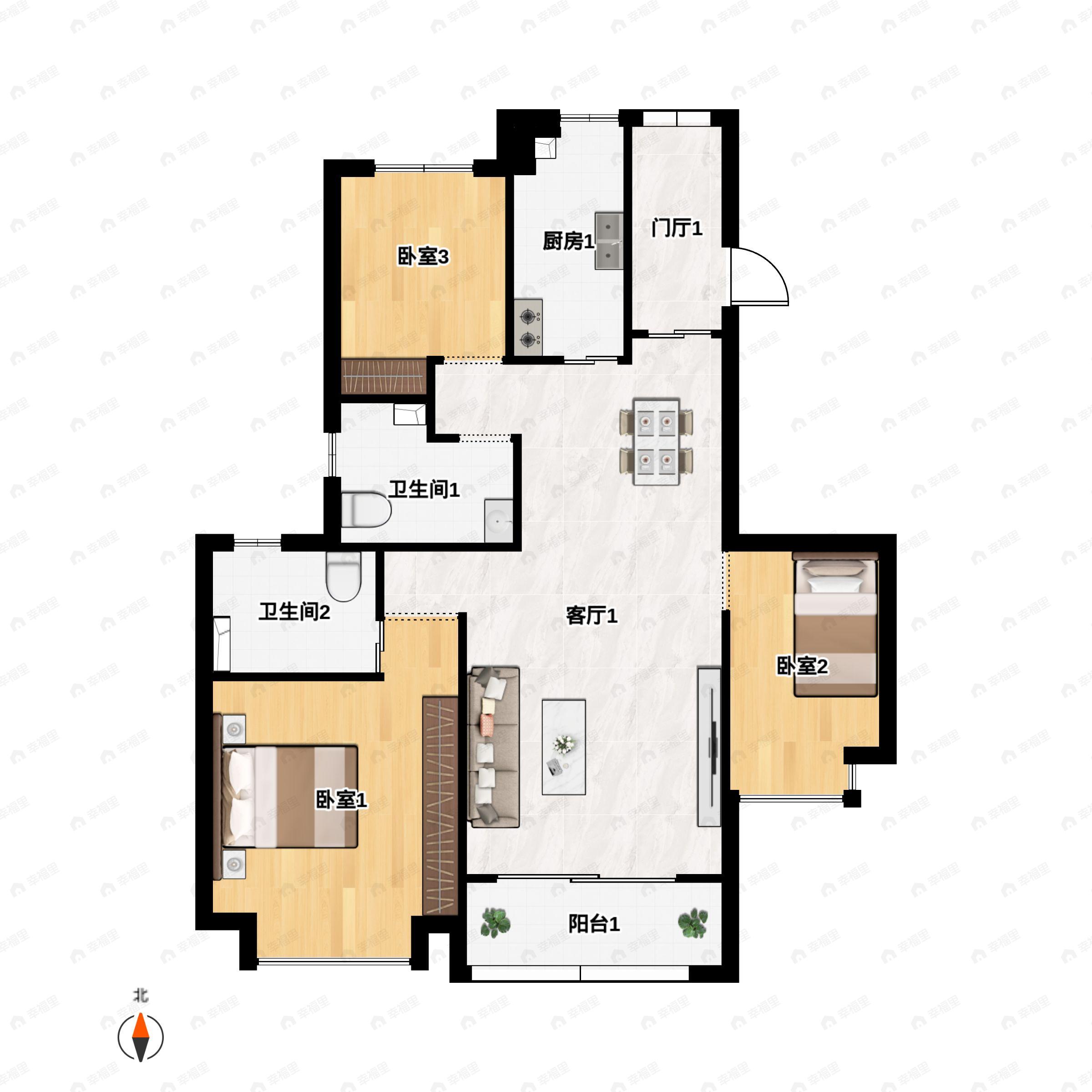 3室2厅2卫建面113m²南|北户型图