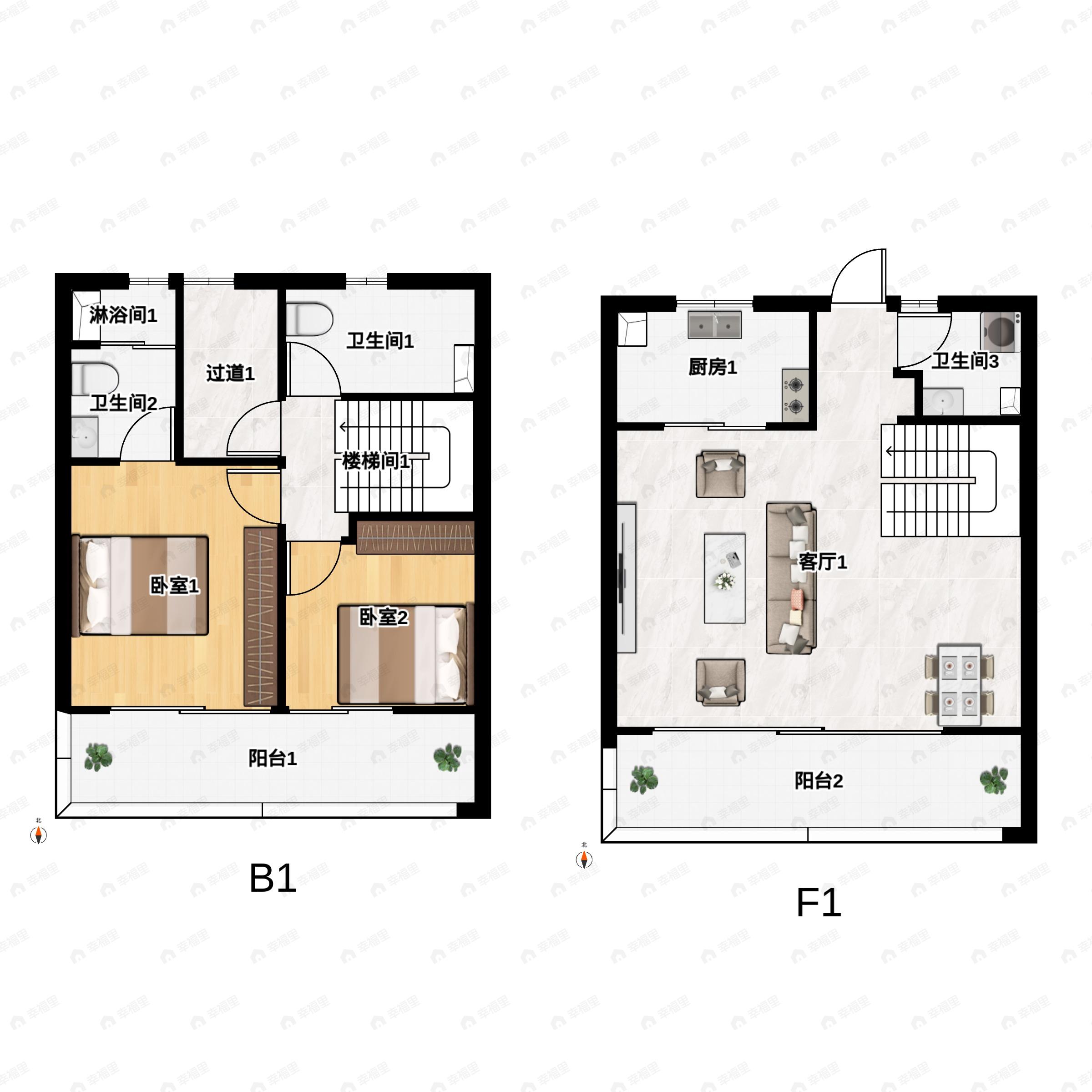 3室2厅3卫建面135m²南户型图