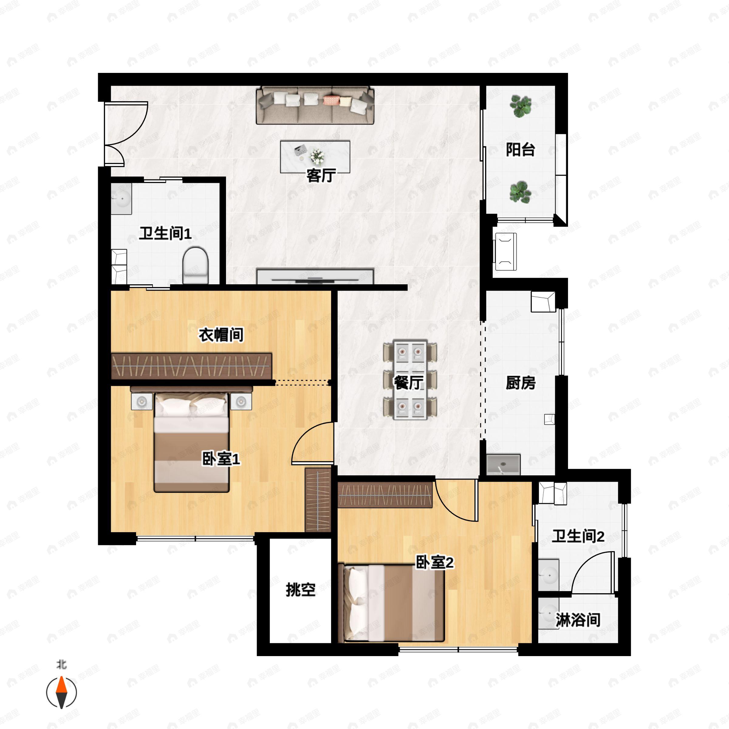 2室2厅2卫建面154平户型图