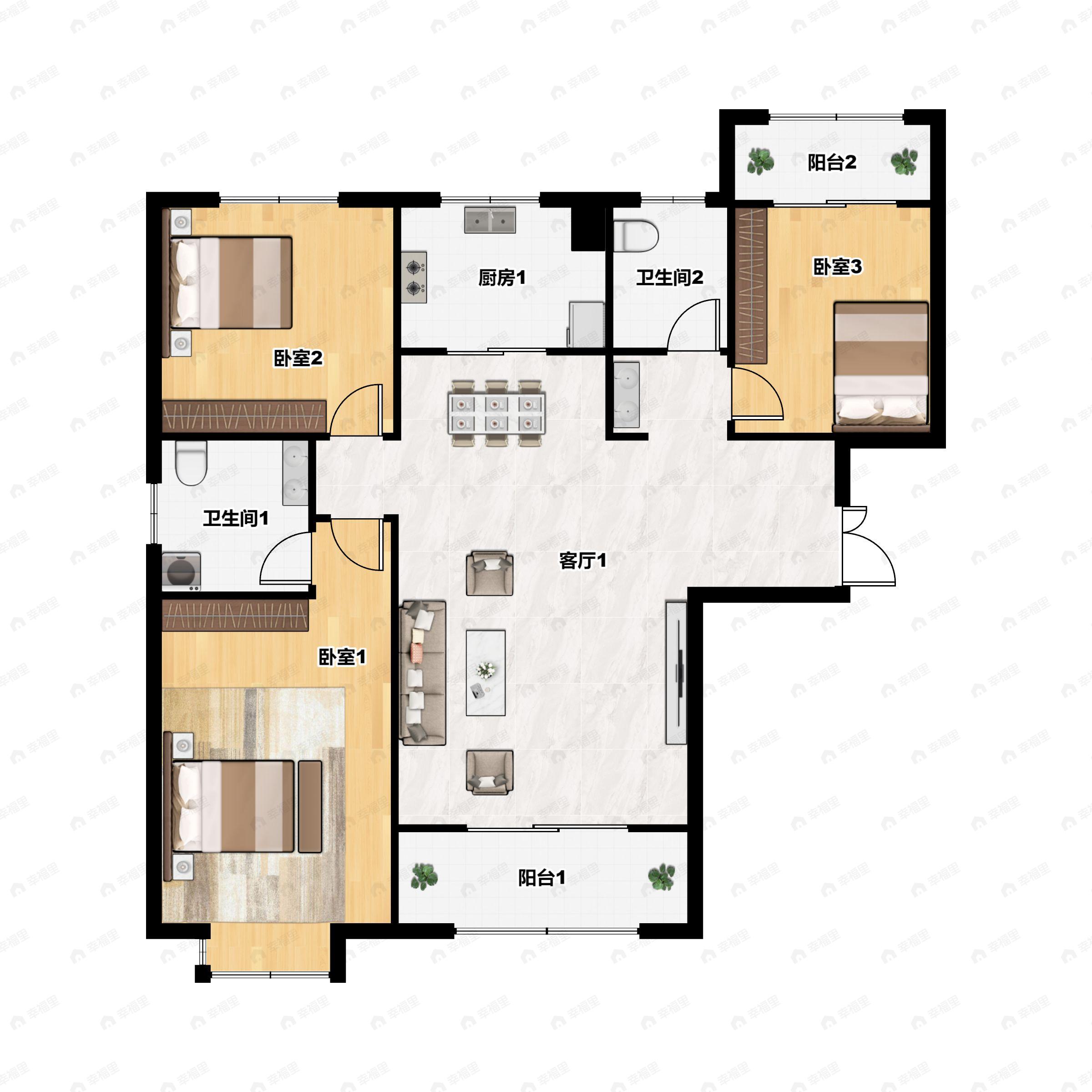 3室2厅2卫建面128平南户型图