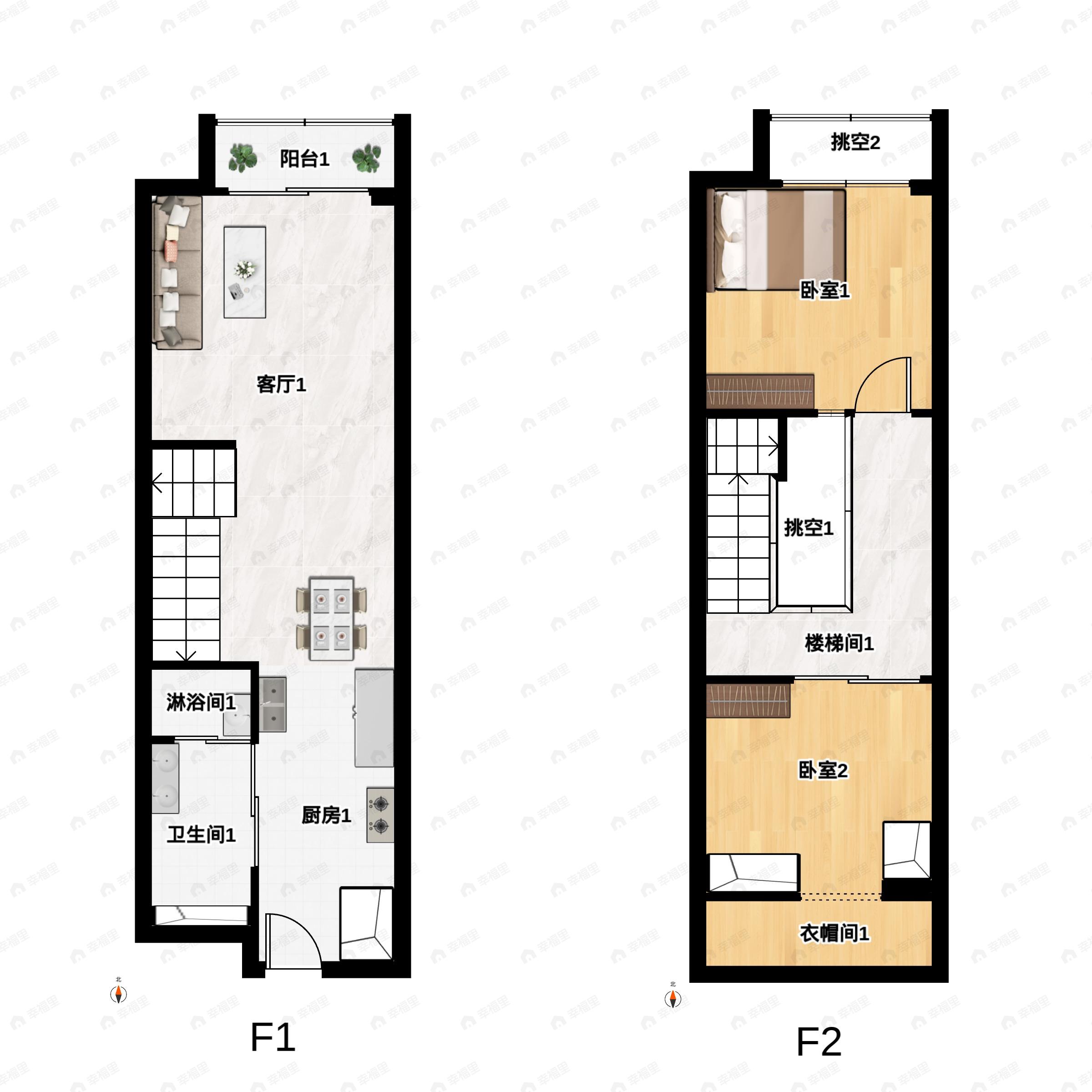 2室1厅1卫建面39平南|北户型图
