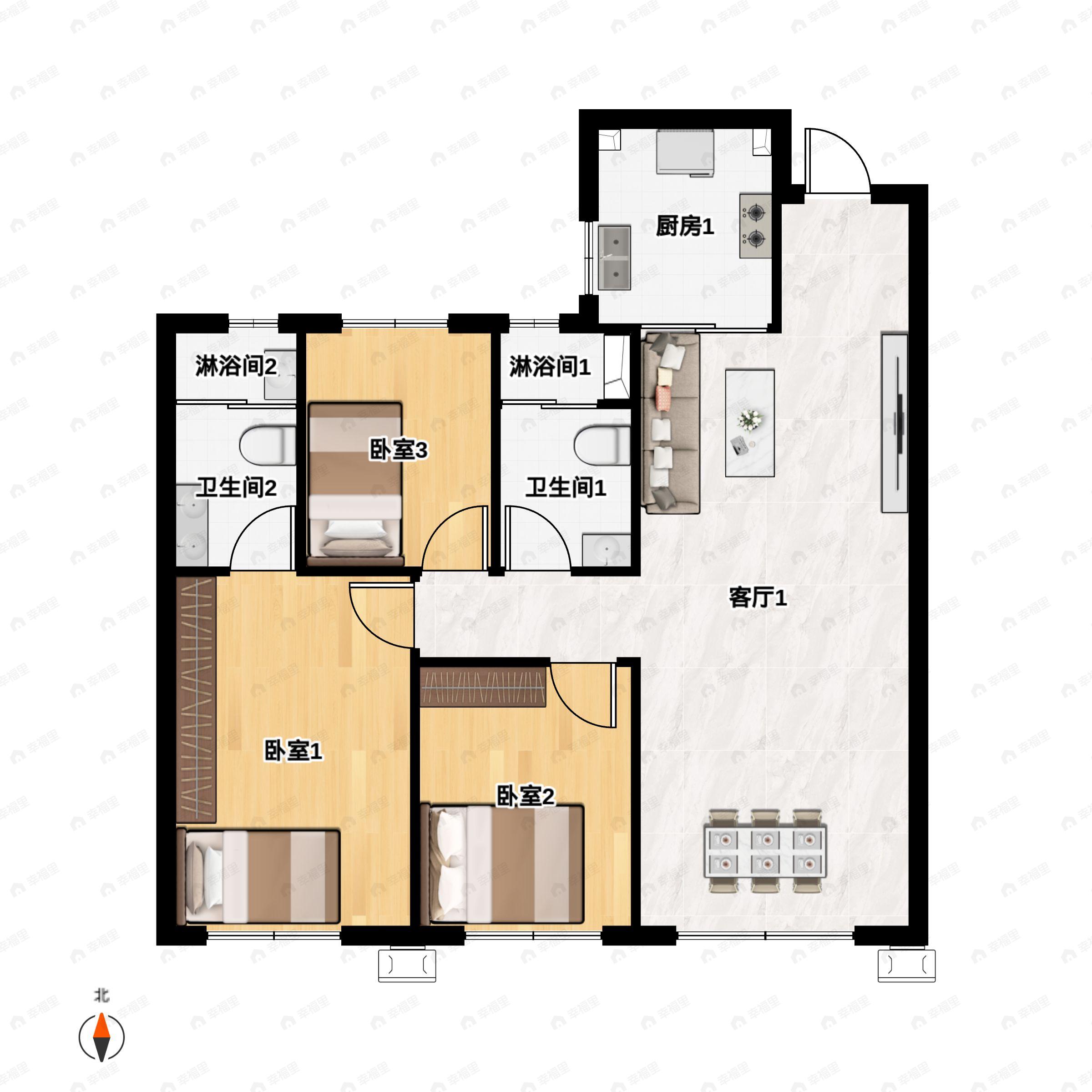 3室2厅2卫建面103平南|北户型图