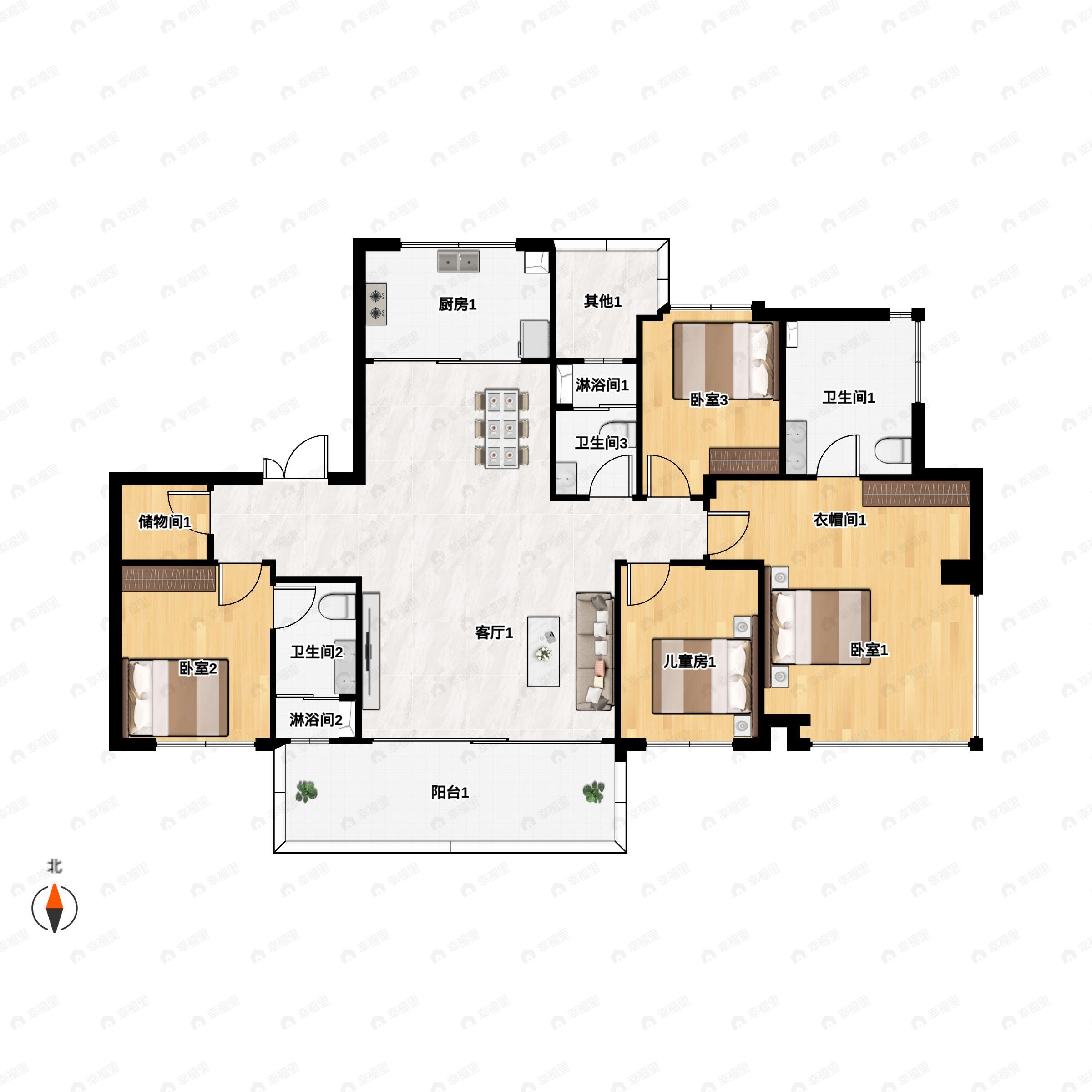 4室2厅3卫建面188m²南户型图