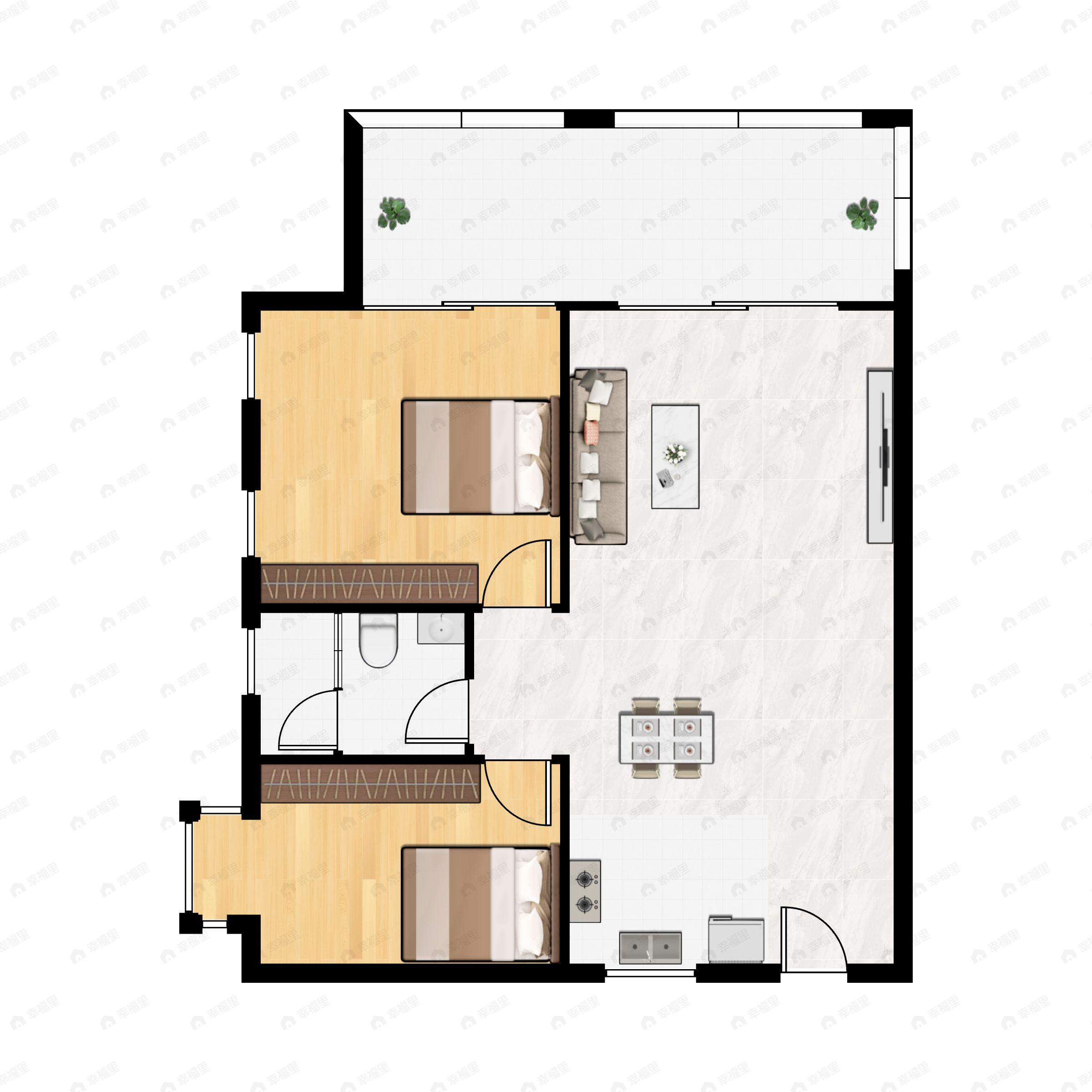 2室2厅1卫建面78平北|南户型图