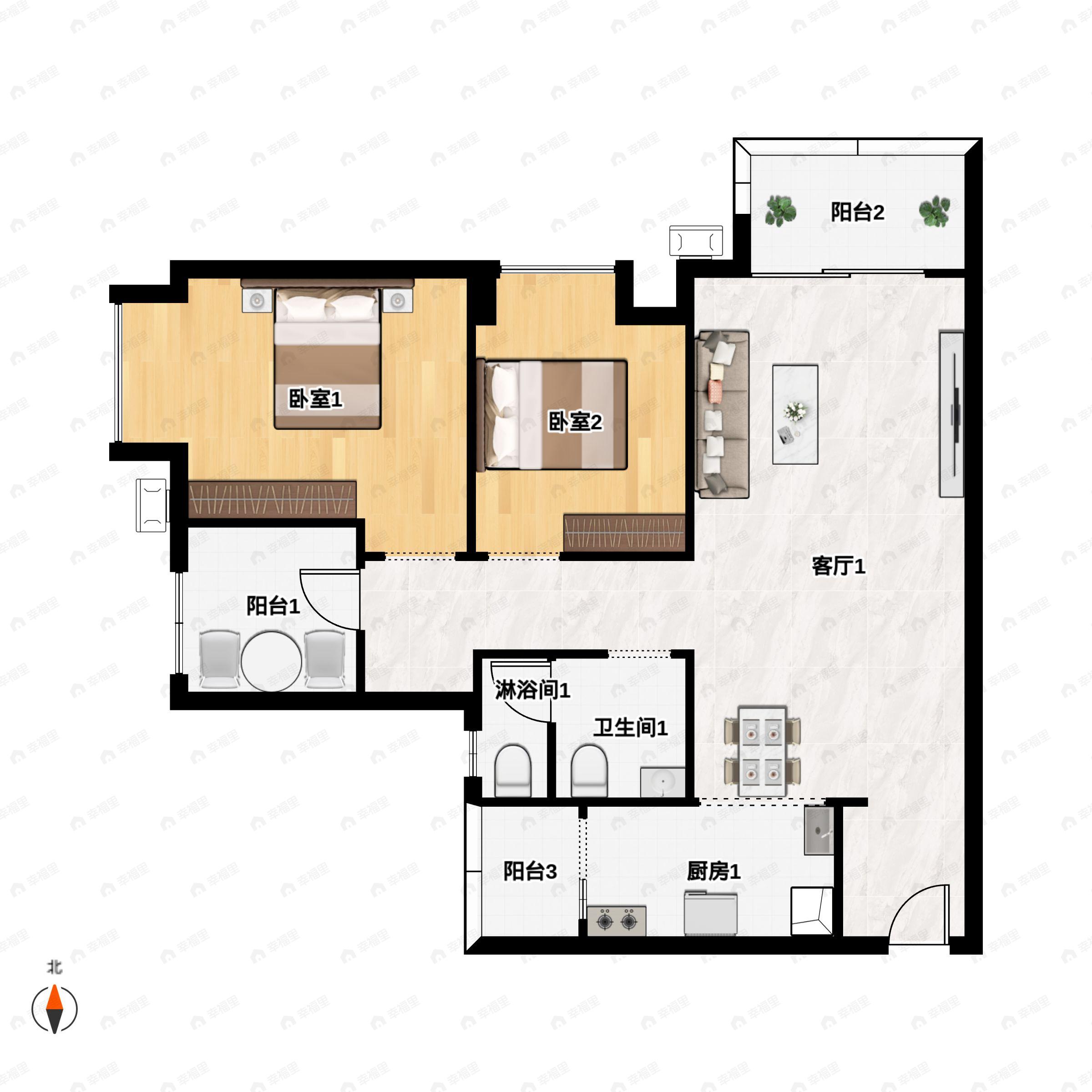 2室2厅1卫建面88m²南户型图