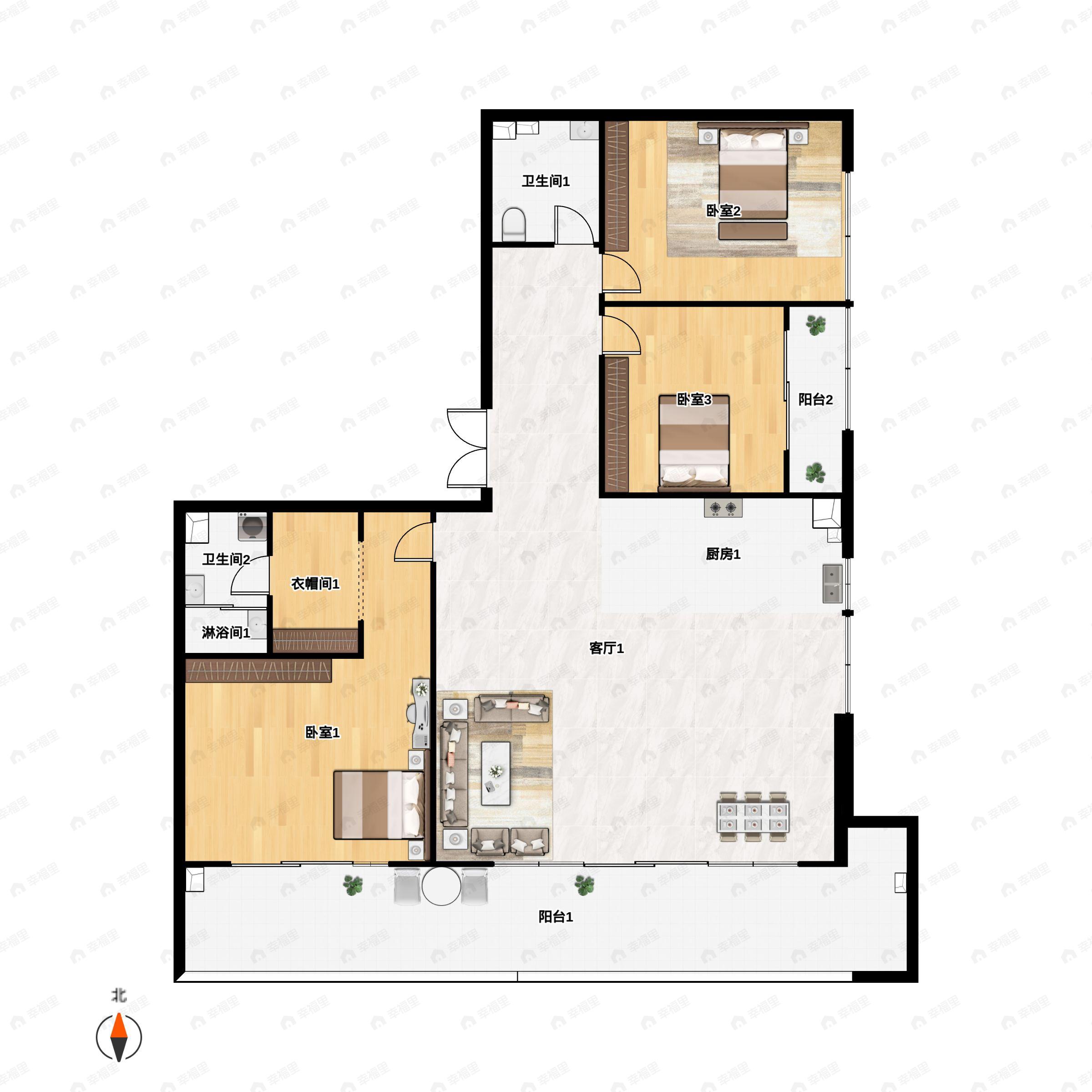 3室2厅2卫建面206平西户型图