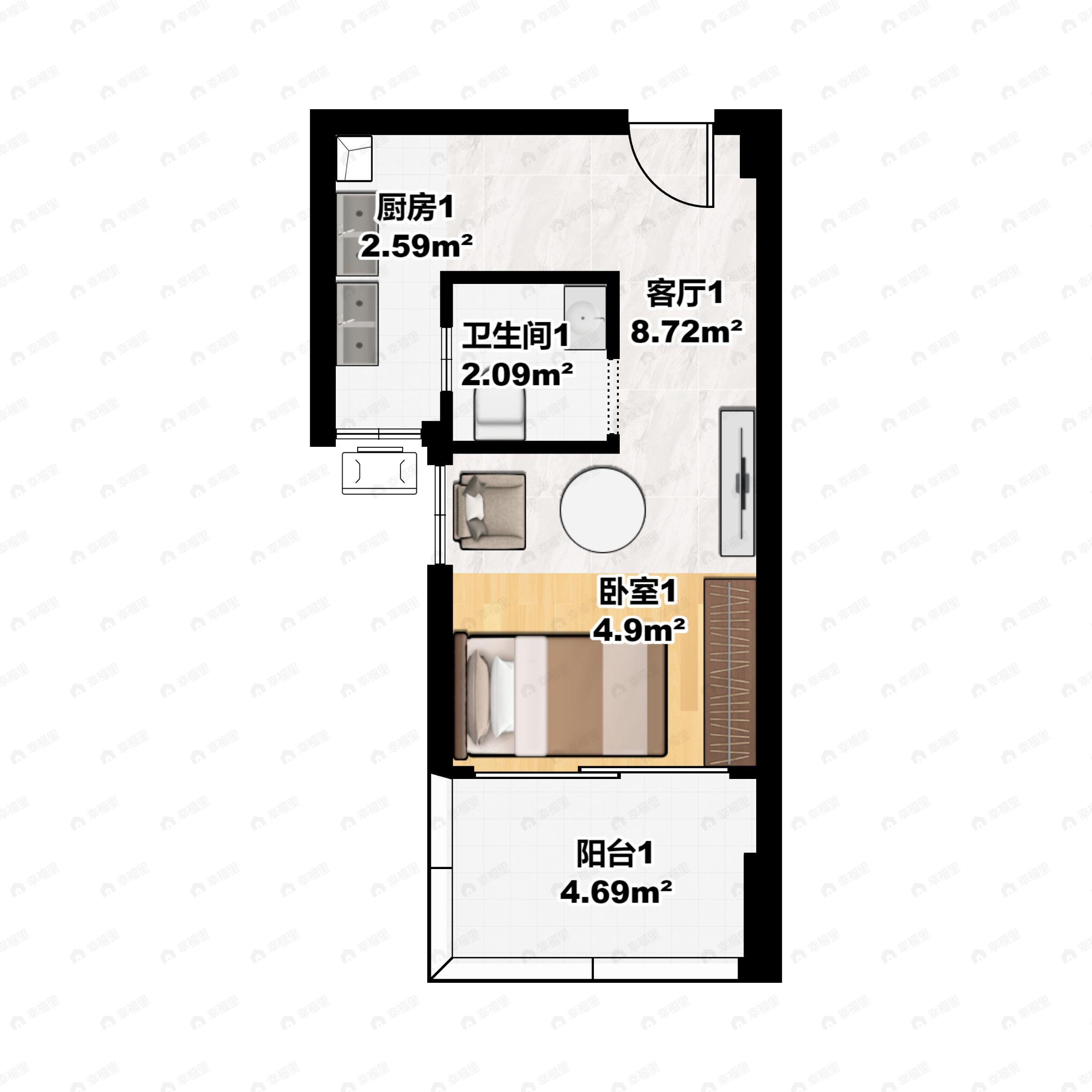 1室1厅建面32m²东南户型图