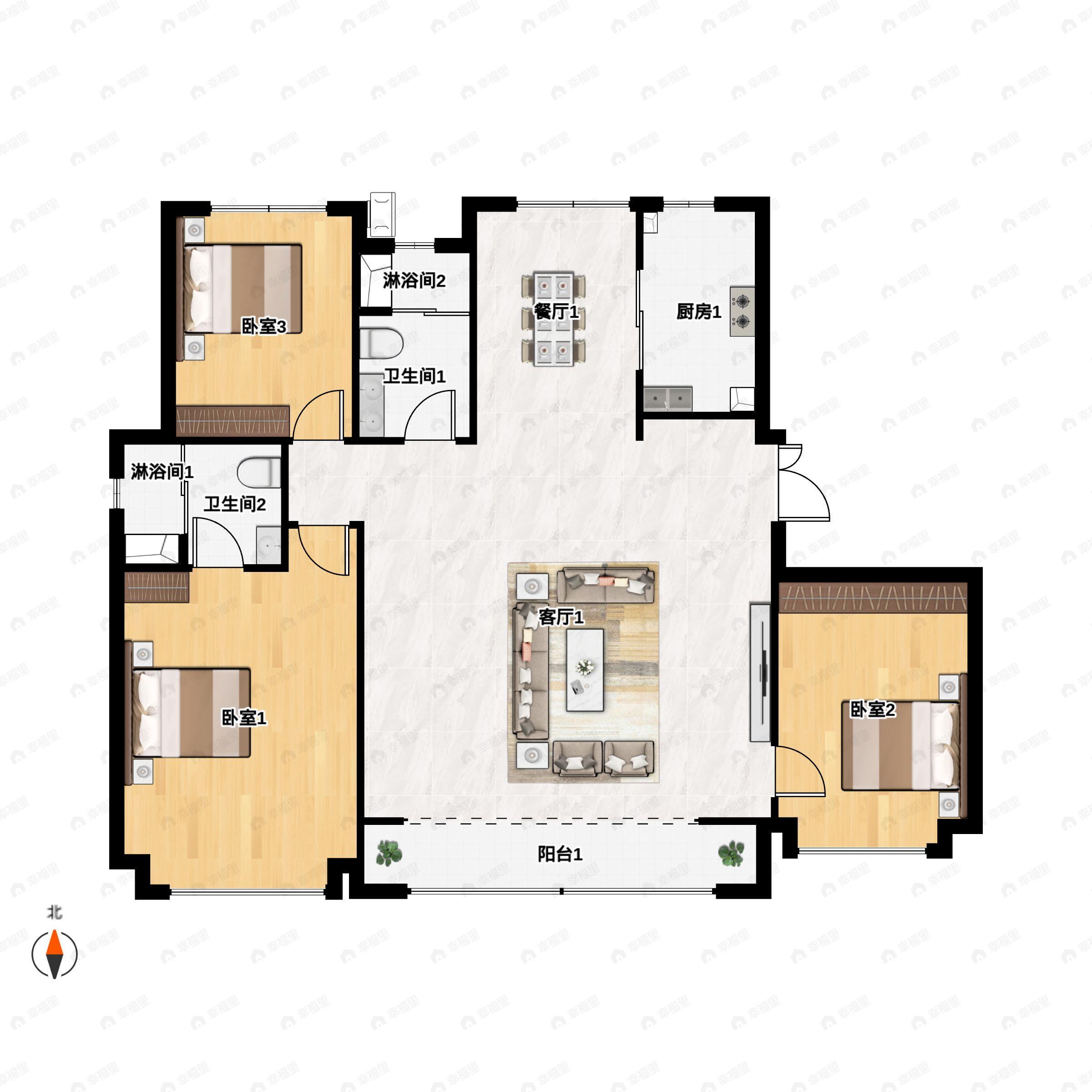 3室2厅2卫建面133m²南|北户型图