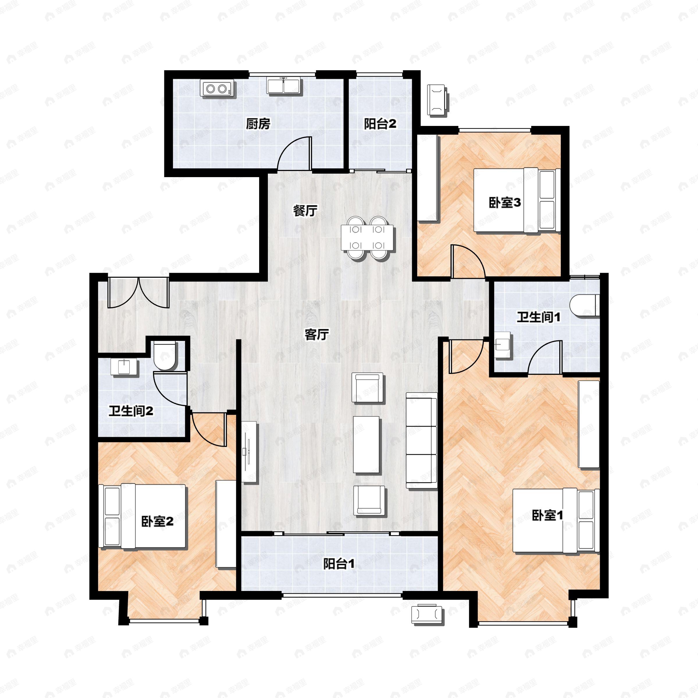 3室2厅2卫建面132m²南|北户型图