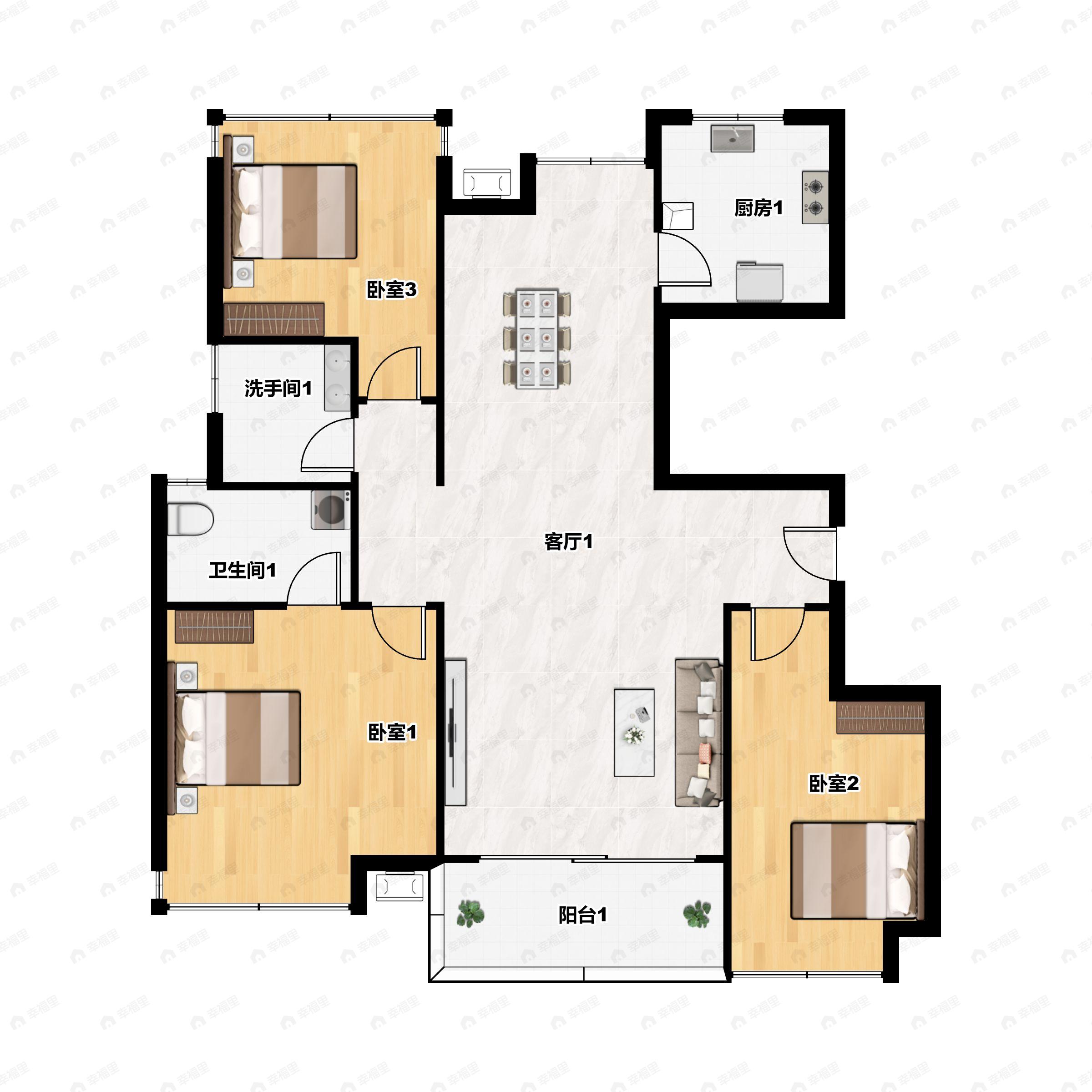 3室2厅2卫建面110m²南户型图