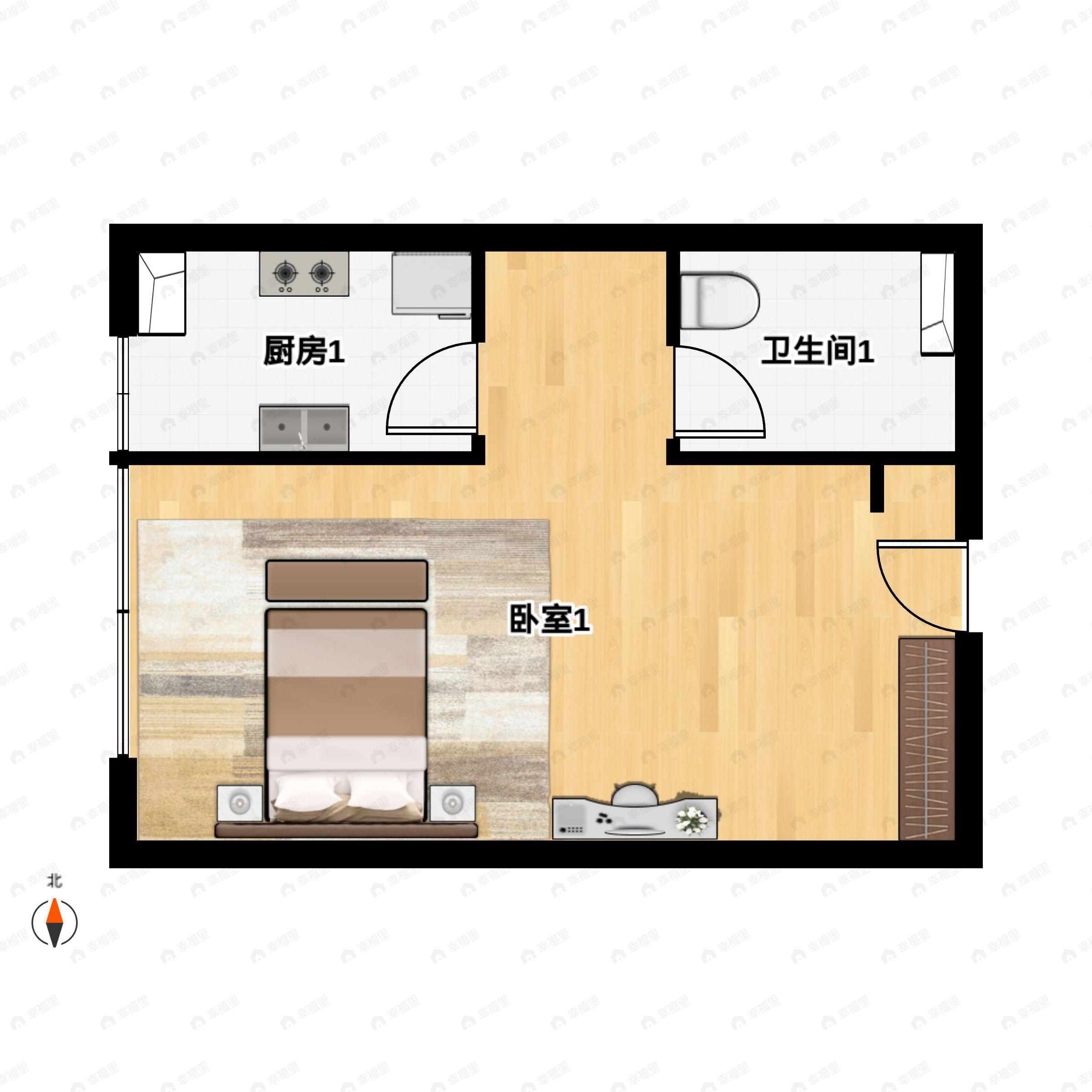 1室1厅1卫建面53平东|西户型图