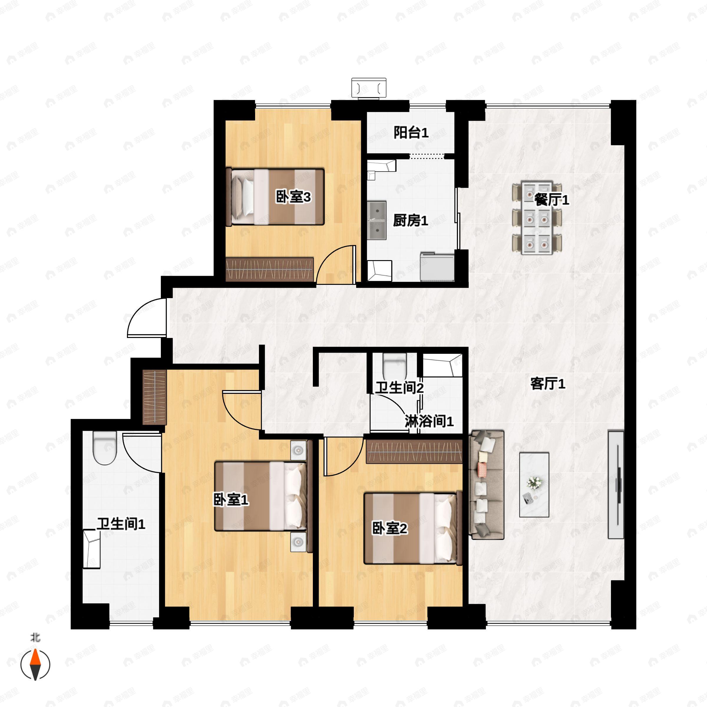 3室2厅2卫建面180m²南户型图