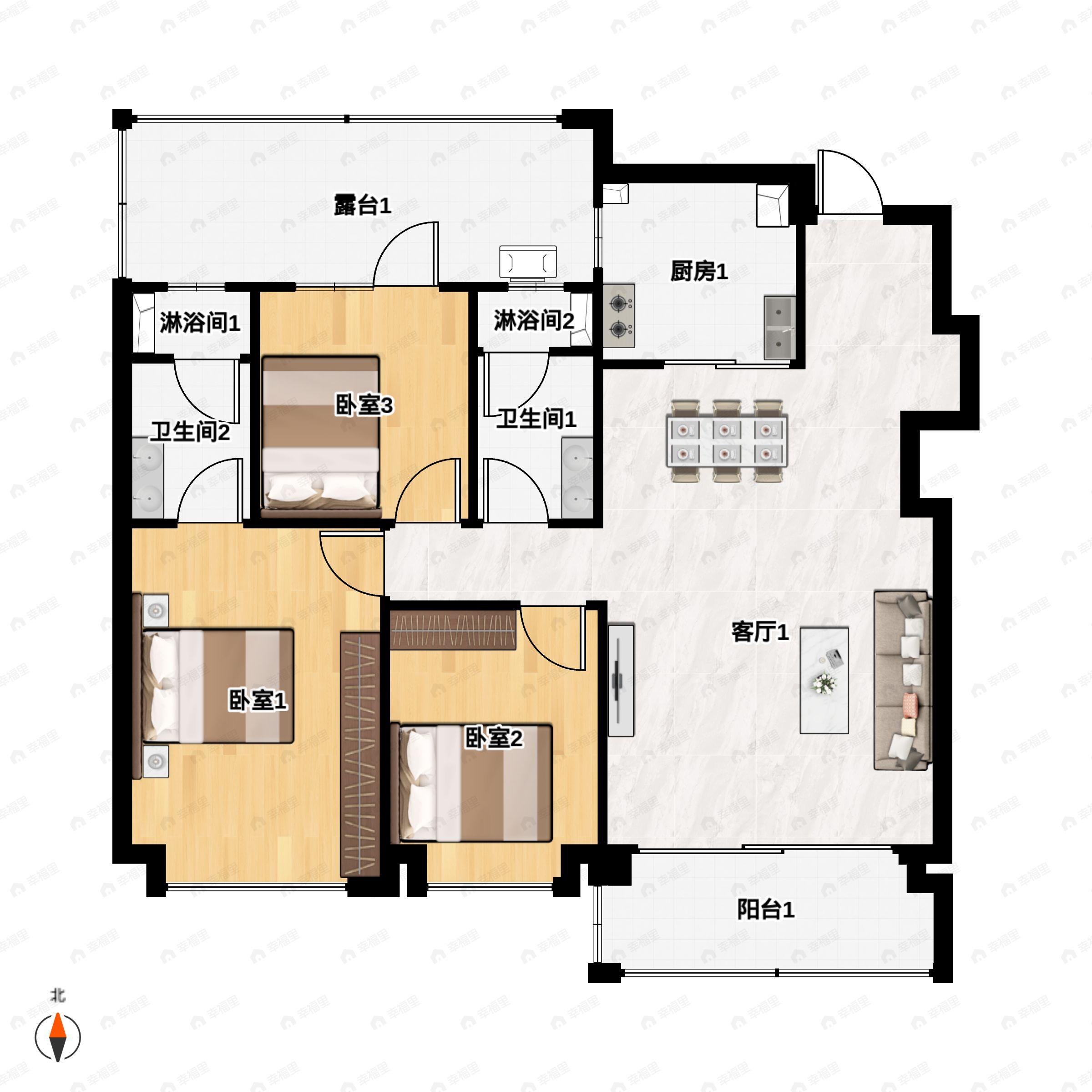 3室2厅2卫建面134平南户型图